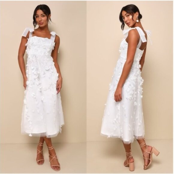 Lulus Dresses & Skirts - Lulus Effortlessly Sweet White Tulle 3D Floral Tie-Strap Midi Dress Size Medium